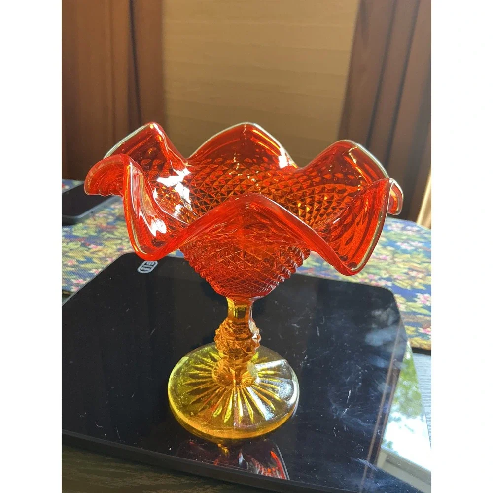 Vintage Amberina Glass Ruffled Compote Dish Diamond Point Pedestal Red‎ Yellow